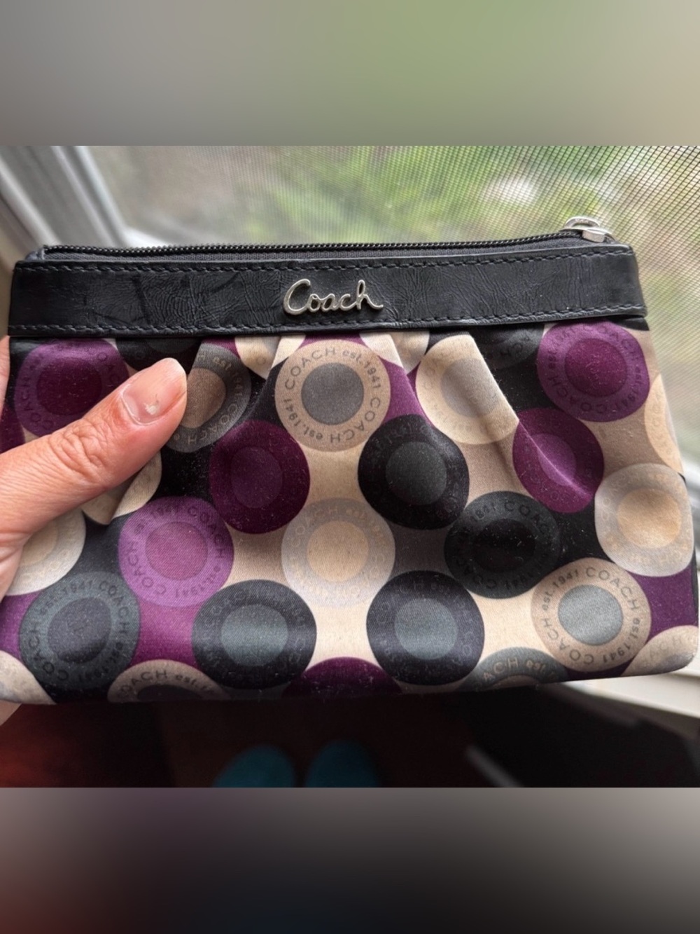 Coach Purple Black Polka Dot Canvas Wristlet Credit Card Slots Small Wallet